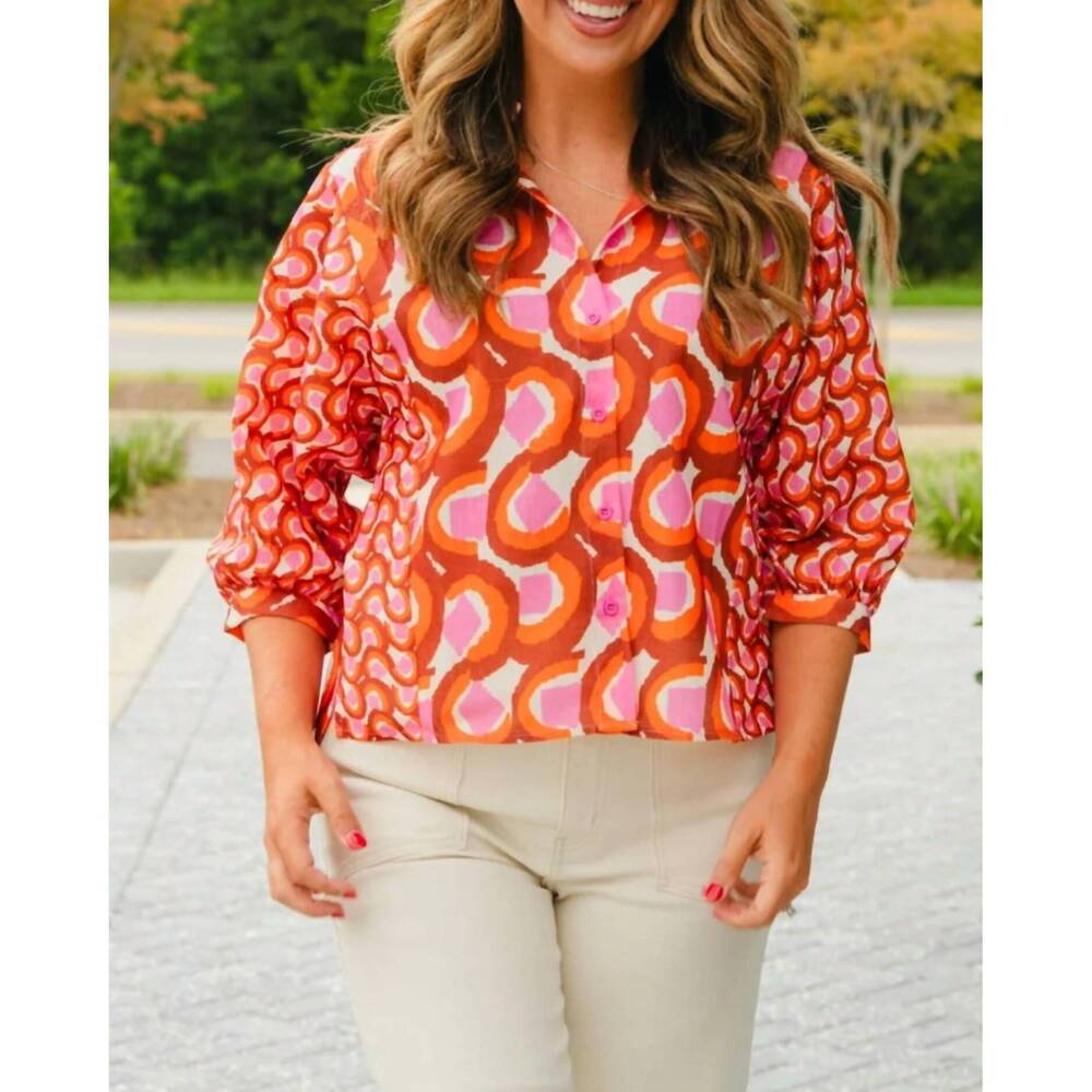 NEW JADE & JOY JOY swirls long sleeve blouse in brown multi